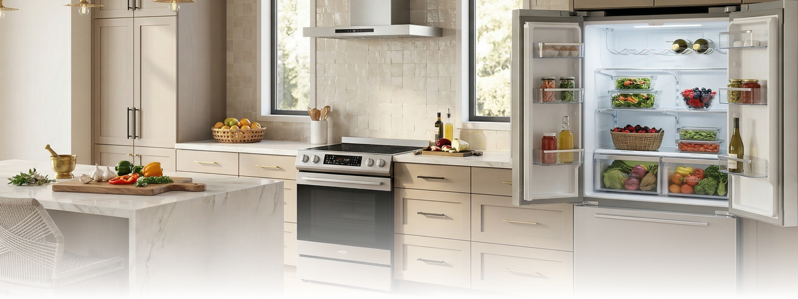 light and airy modern kitchen marathon 30" electric range french door refrigerator and made in canada wine cooler